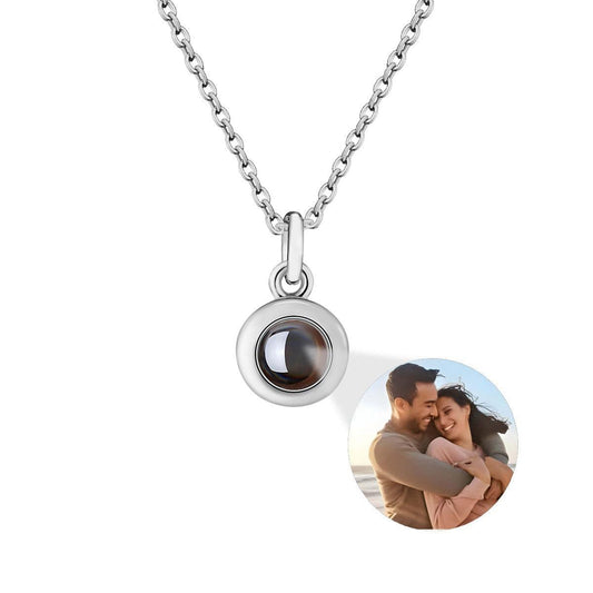 Silver photo projection necklace with round locket pendant and chain