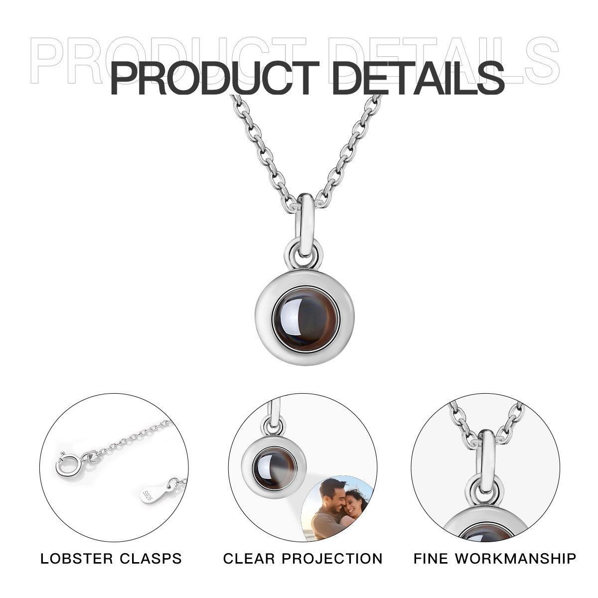 Silver photo projection necklace round locket pendant on a link chain