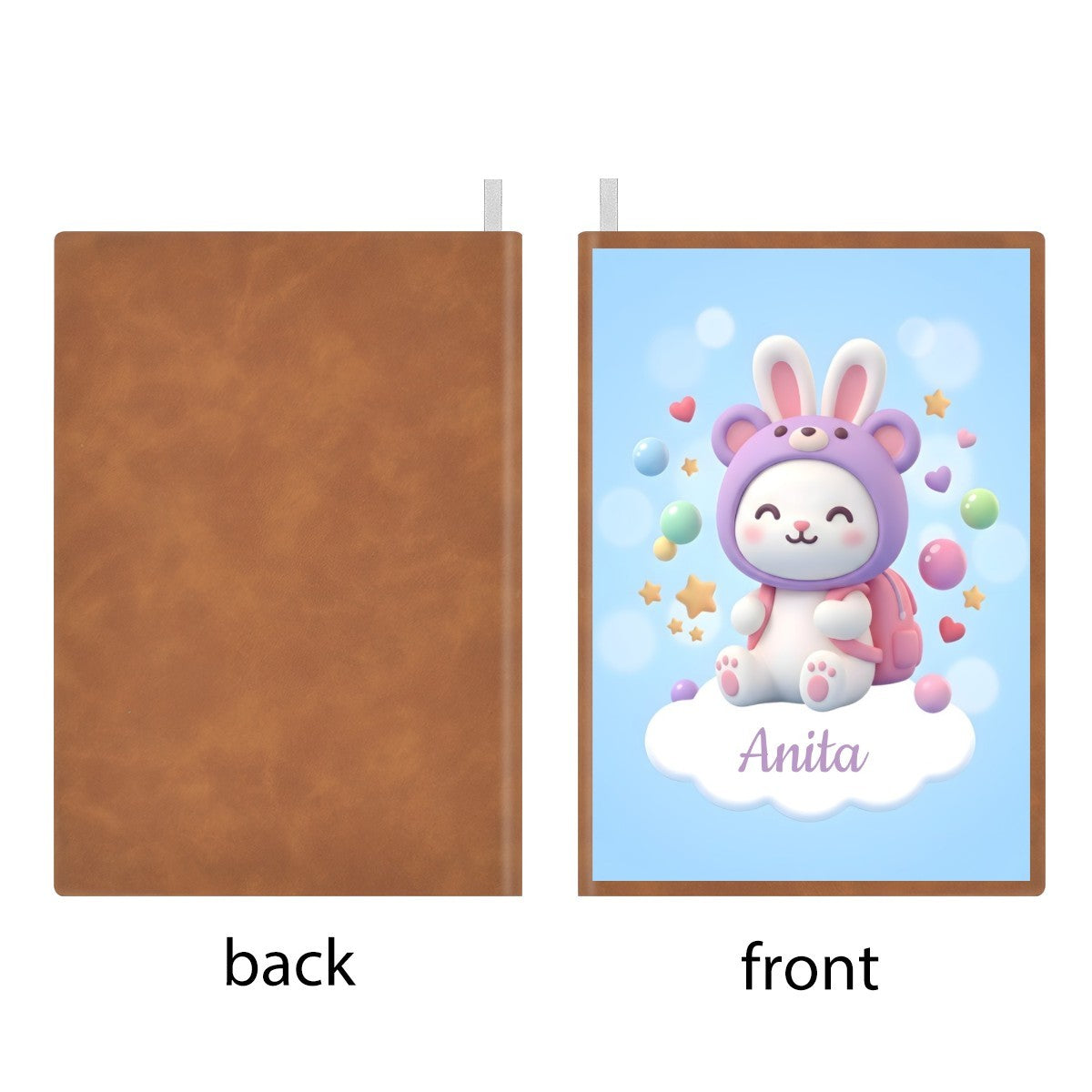 A5 notebook set: brown back cover and purple kawaii bunny front with name Anita
