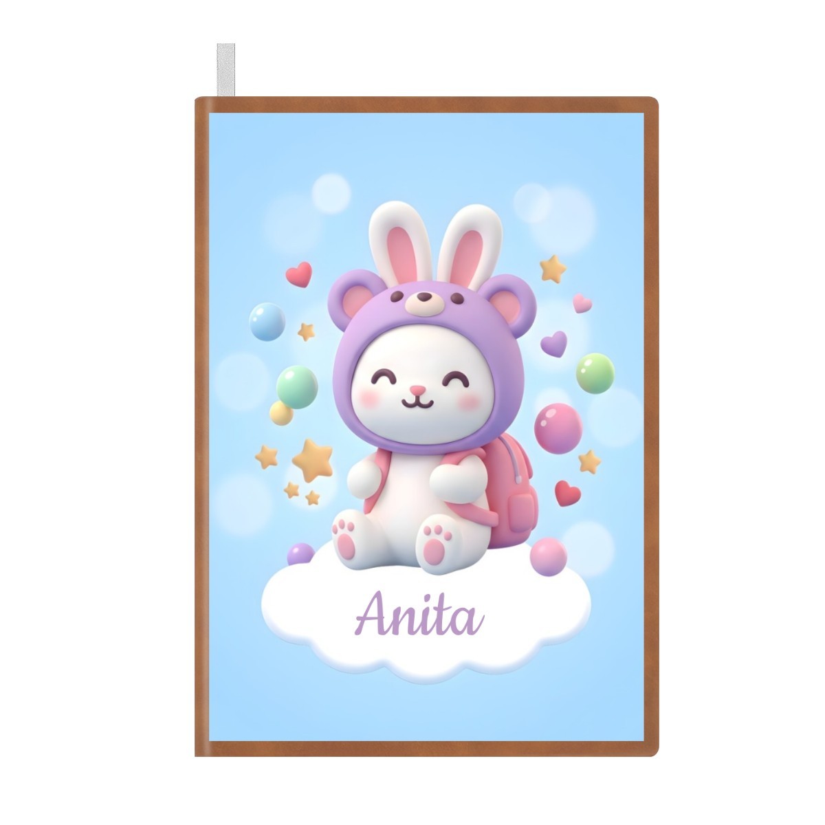 A5 notebook front cover with kawaii purple bunny, pastel hearts, and name Anita