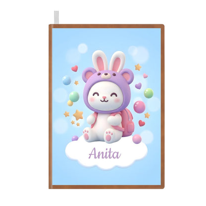 A5 notebook front cover with kawaii purple bunny, pastel hearts, and name Anita