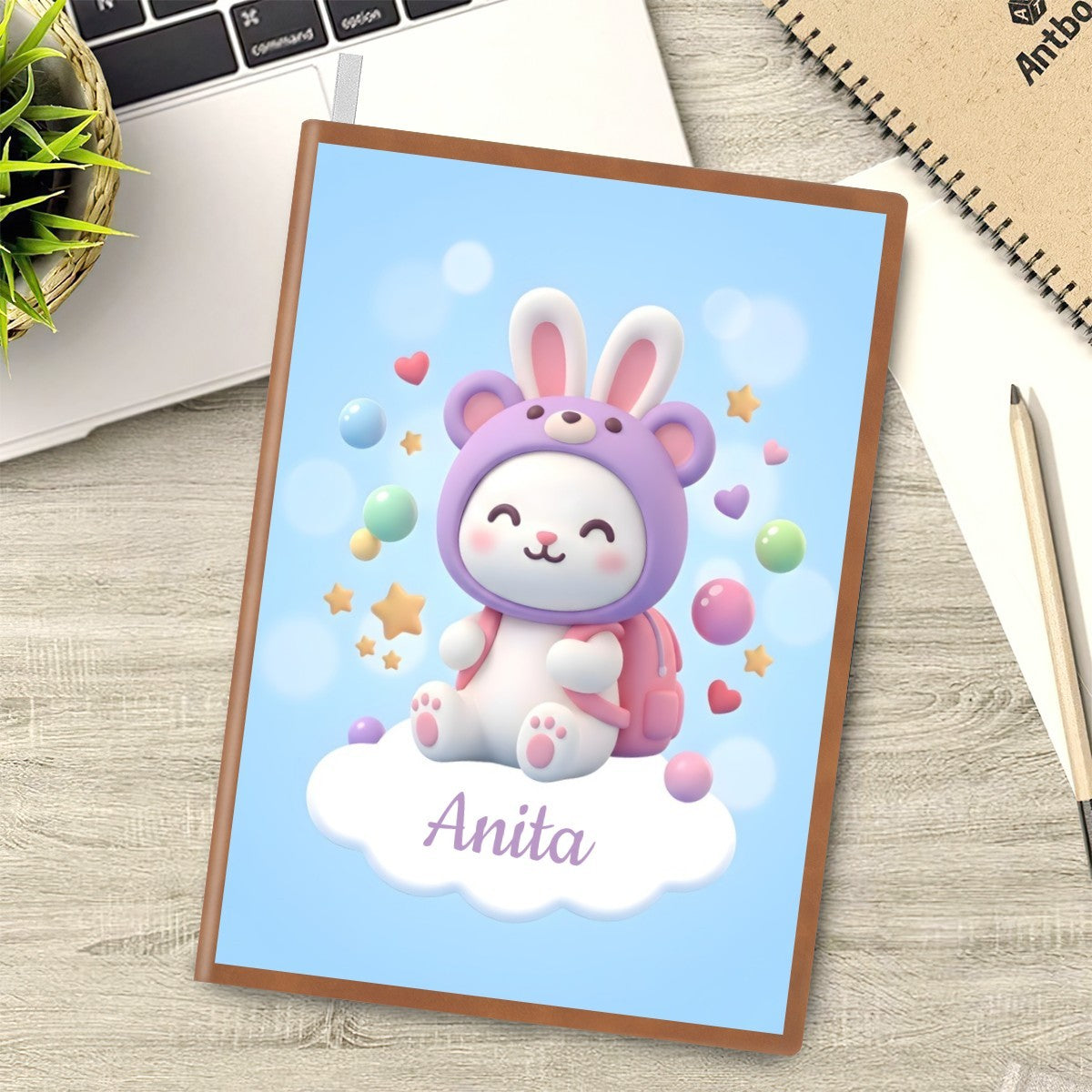 A5 notebook with framed kawaii bunny front cover and name Anita, bordered in brown