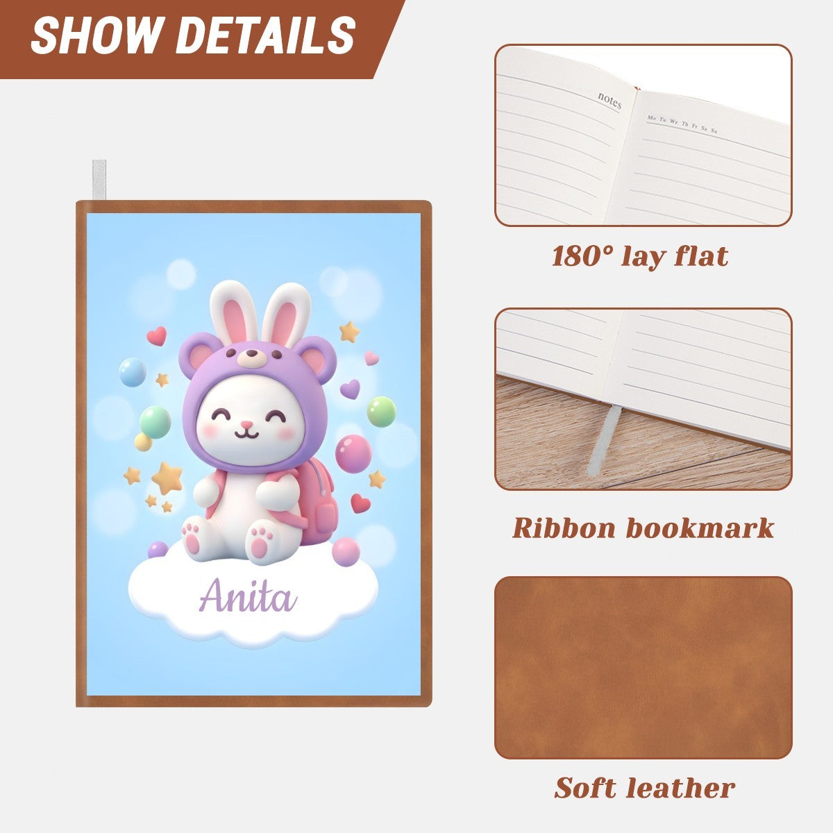 A5 kawaii bunny notebook with soft leather-style cover and ribbon bookmark; name Anita