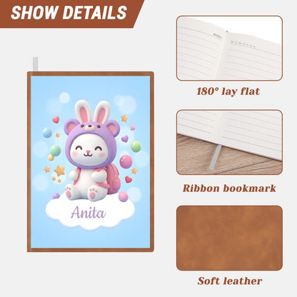 A5 kawaii bunny notebook with soft leather-style cover and ribbon bookmark; name Anita