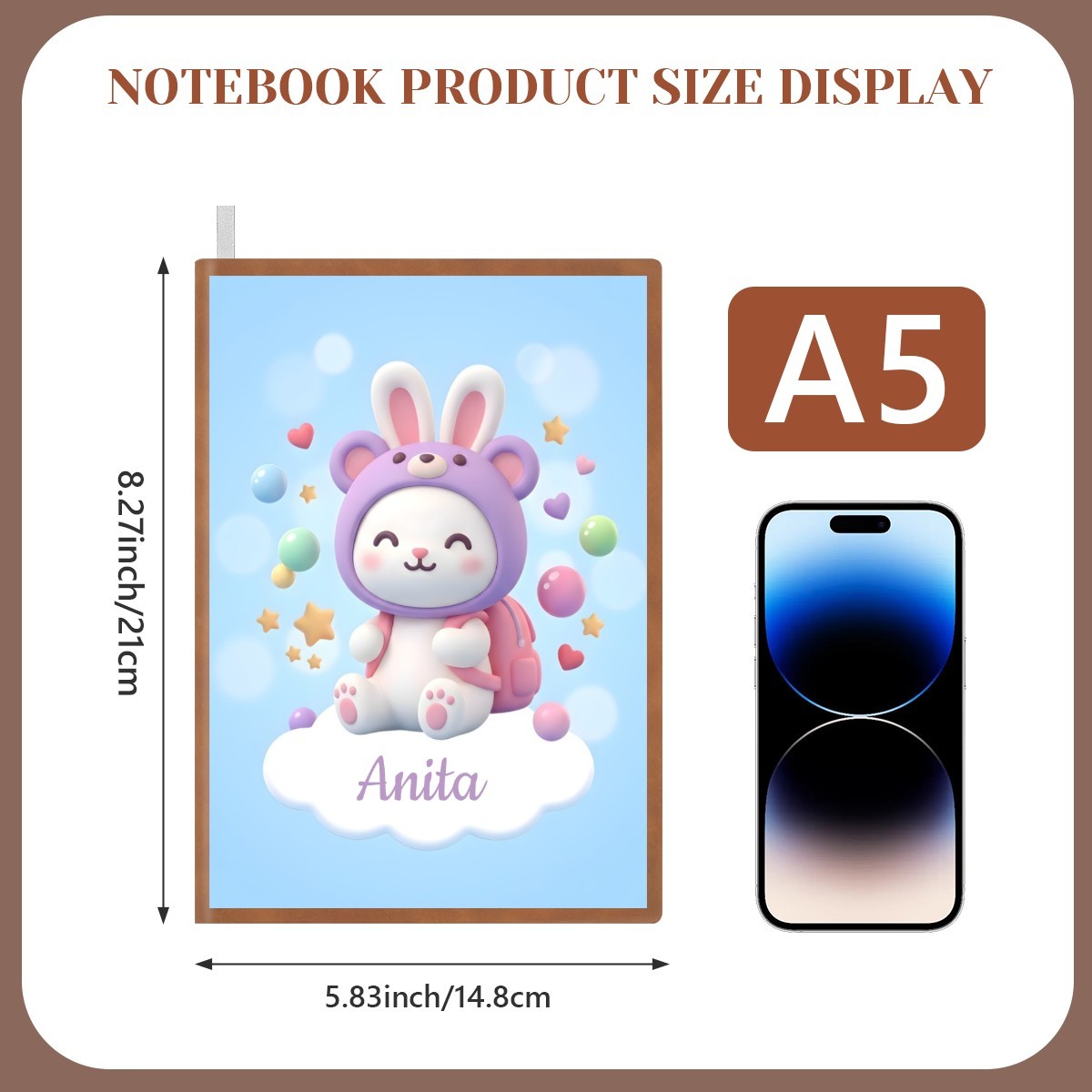 A5 notebook product size display with kawaii bunny cover and personalized name Anita