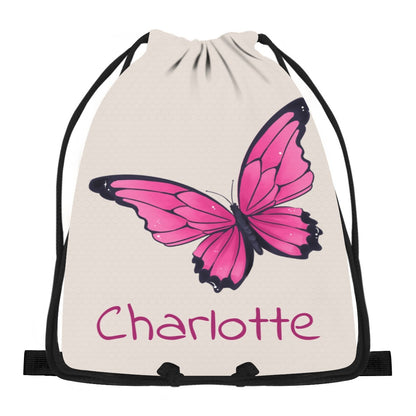 Personalized butterfly drawstring bag with pink butterfly and name 'Charlotte'.
