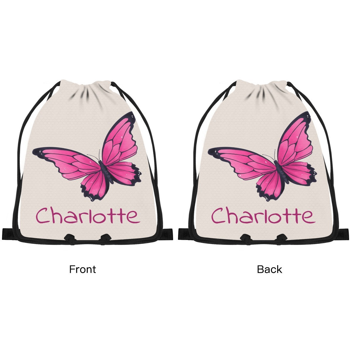 Butterfly drawstring bag front/back with pink butterfly and 'Charlotte'.