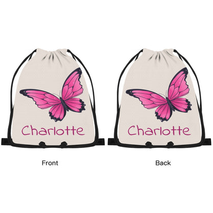 Butterfly drawstring bag front/back with pink butterfly and 'Charlotte'.