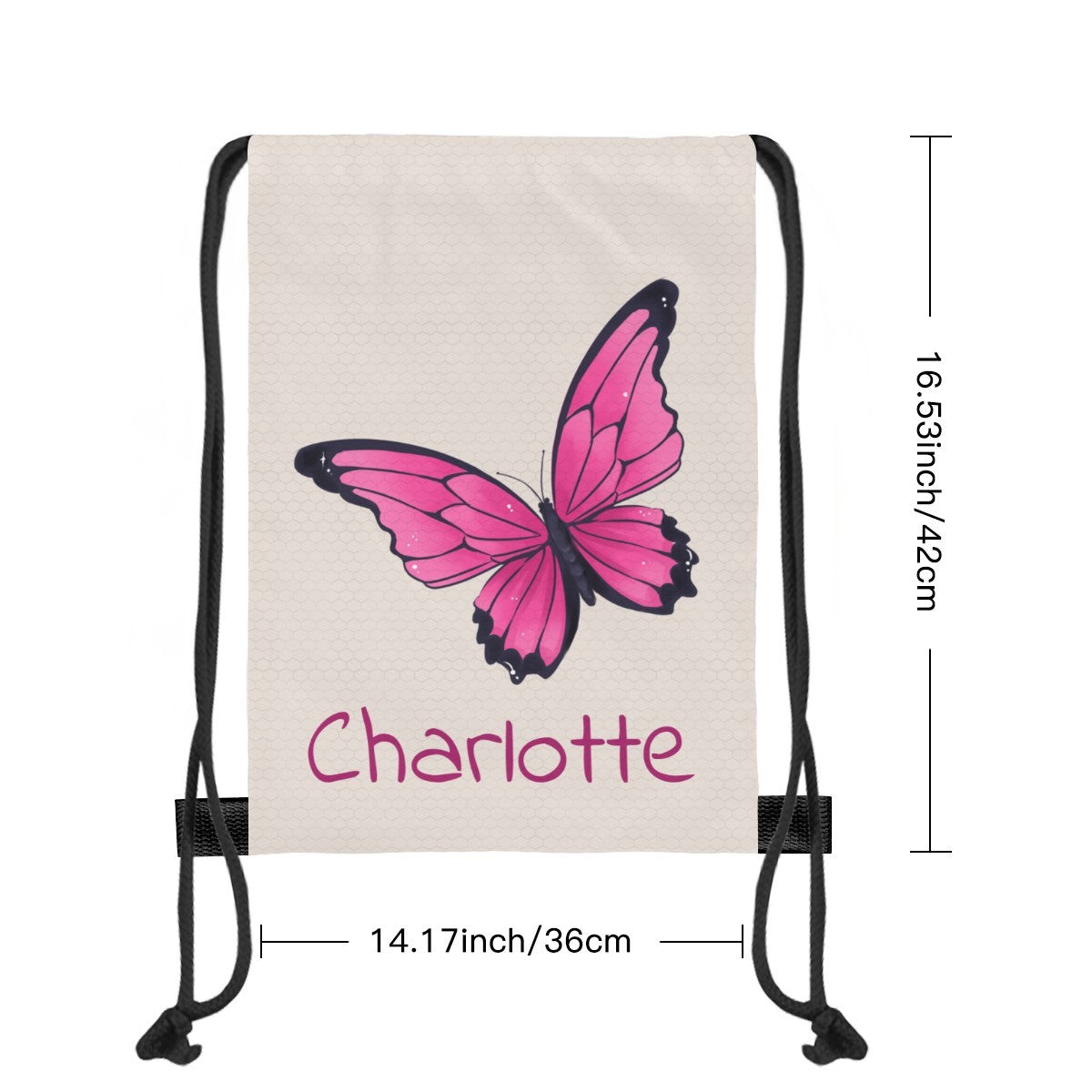 Butterfly drawstring bag with pink butterfly, 'Charlotte' text, and size dimensions.