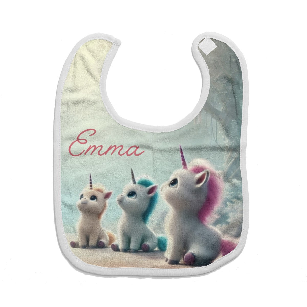 Personalized baby bib with three unicorns and “Emma” on mint fabric, white trim.