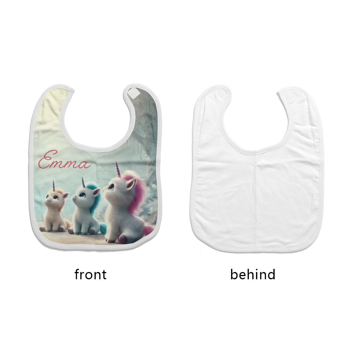 Personalized baby bib front and back; mint unicorn “Emma” front, plain white back.