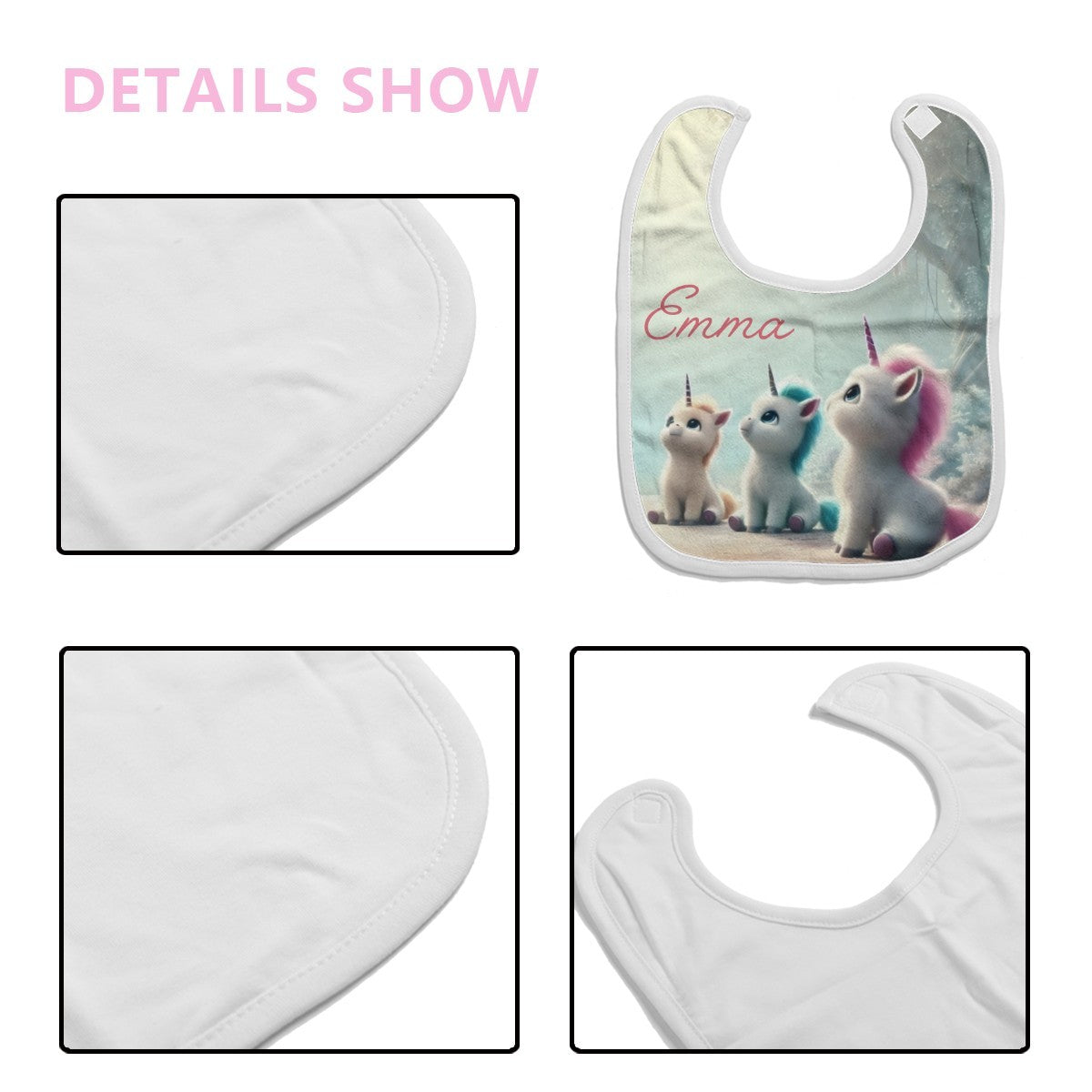 Personalized baby bib fabric details; mint unicorn “Emma” bib with stitched edges.