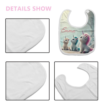 Personalized baby bib fabric details; mint unicorn “Emma” bib with stitched edges.