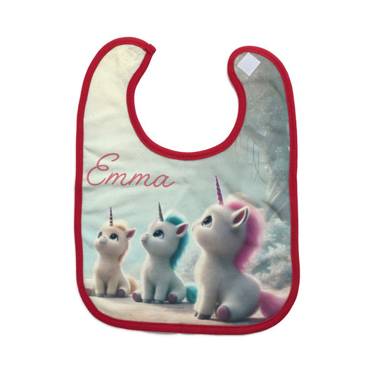 Personalized baby bib with three unicorns and “Emma” on mint fabric, red trim.