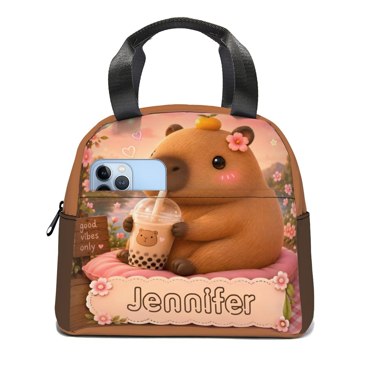 Kids lunch bag with handle, brown front with cute bear and flowers, Jennifier logo.