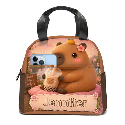 Kids lunch bag with handle, brown front with cute bear and flowers, Jennifier logo.
