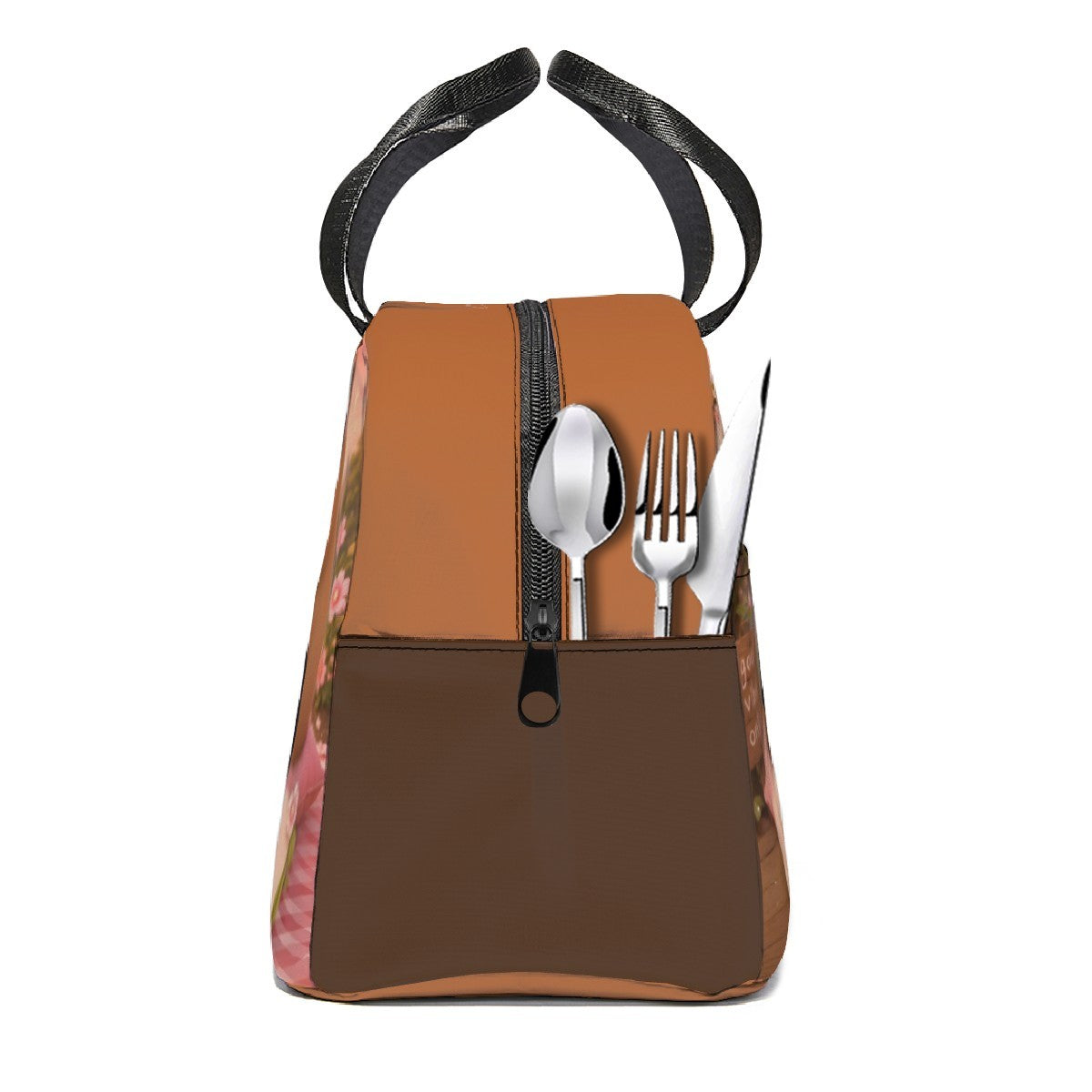 Kids lunch bag with front zipper pocket, brown faux-leather look, cutlery and utensil holders.