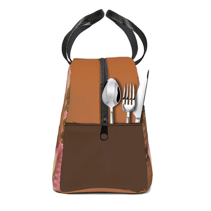 Kids lunch bag with front zipper pocket, brown faux-leather look, cutlery and utensil holders.