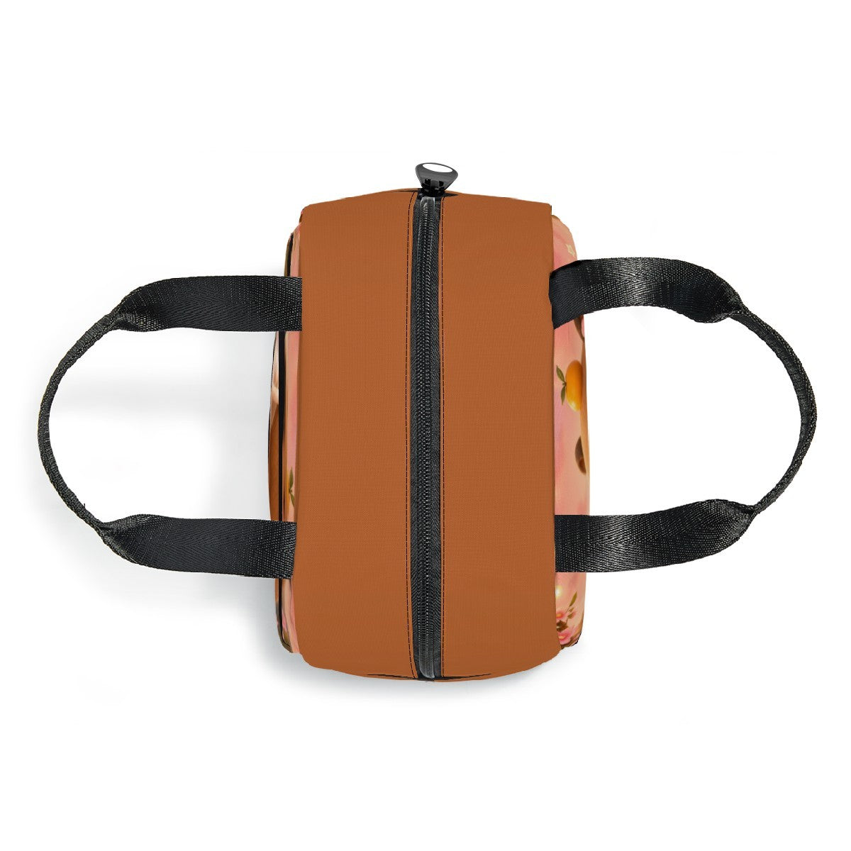 Kids lunch bag side view with black carry straps and vertical zipper panel, brown exterior.