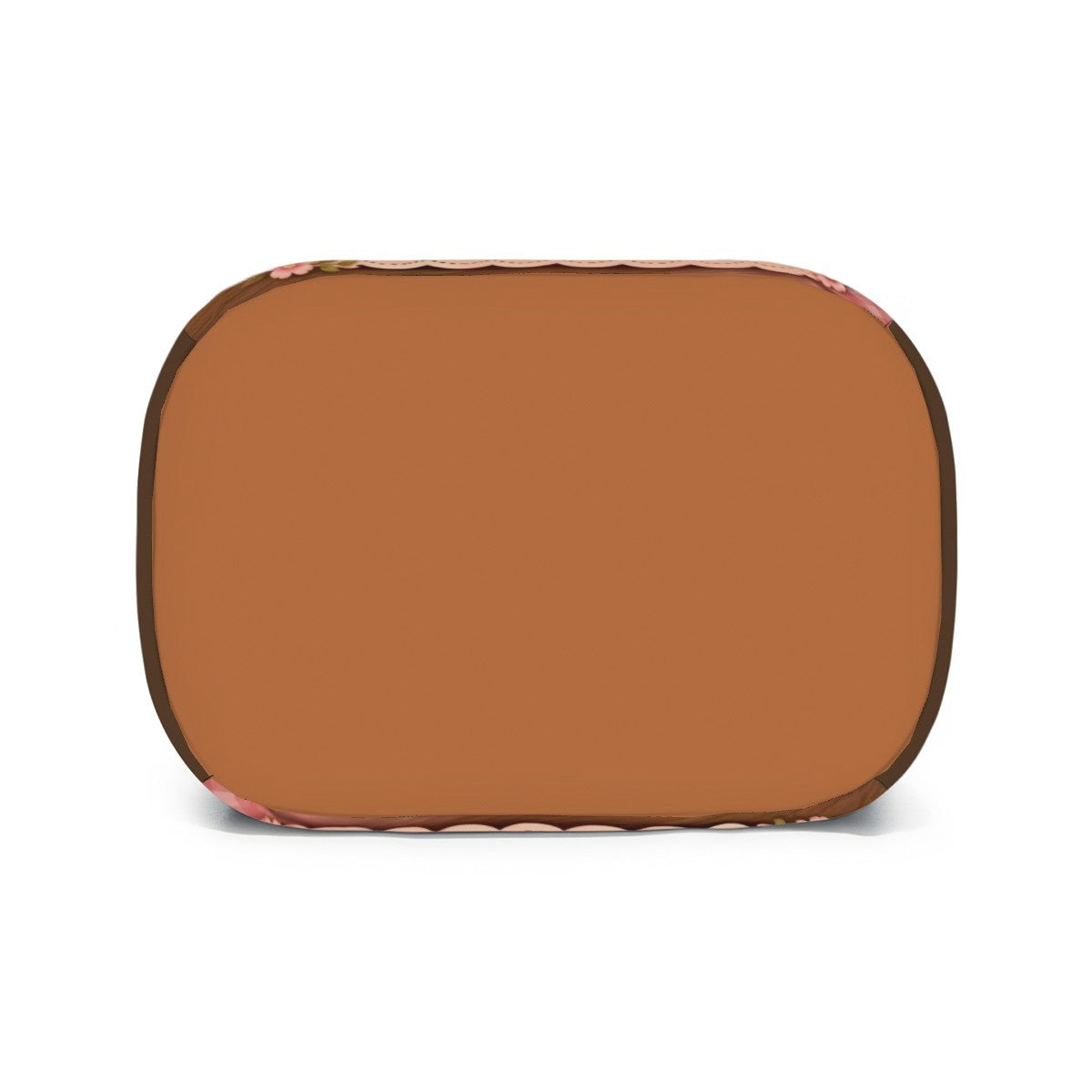 Kids lunch bag back panel in solid brown with pink floral trim around the edges.