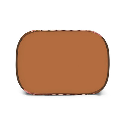 Kids lunch bag back panel in solid brown with pink floral trim around the edges.