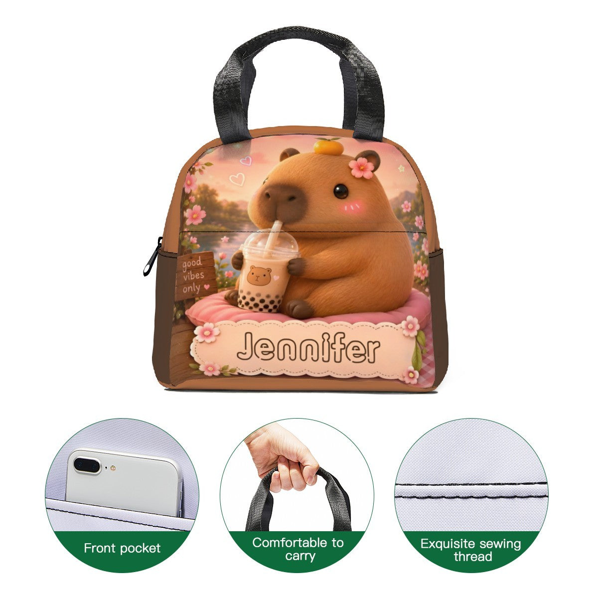 Kids lunch bag front with bear and flowers, Jennifier logo; comfort carry and front pocket icons.