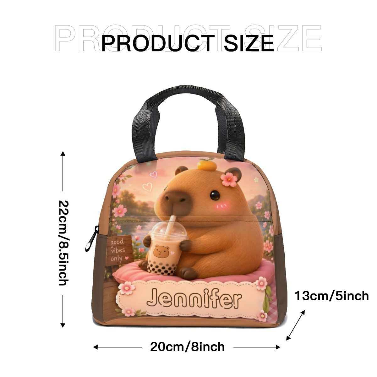 Kids lunch bag size diagram: brown bear front, Jennifier logo, 20cm wide by 22.8cm high.