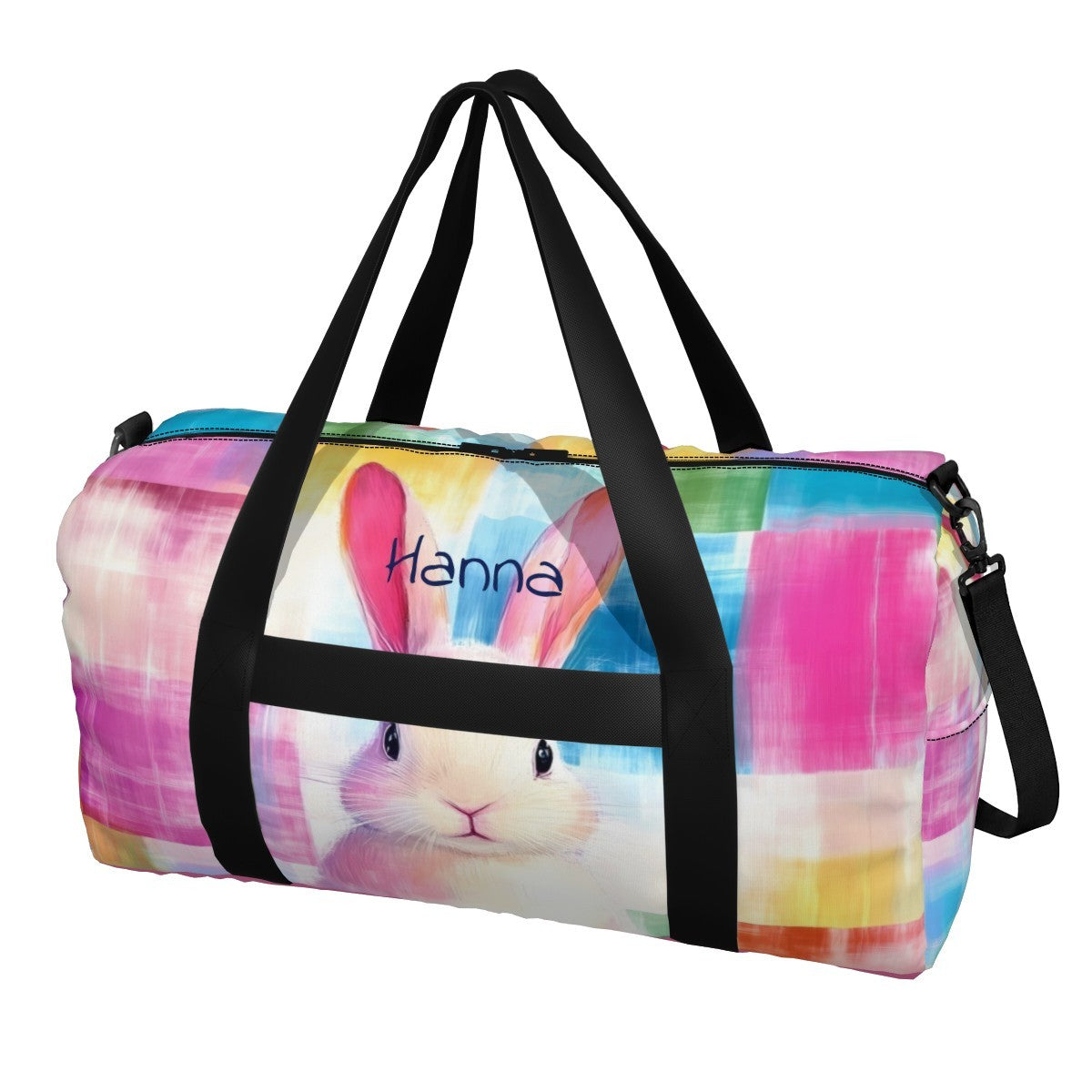 Colorful rabbit print duffel bag with black shoulder straps and side zipper