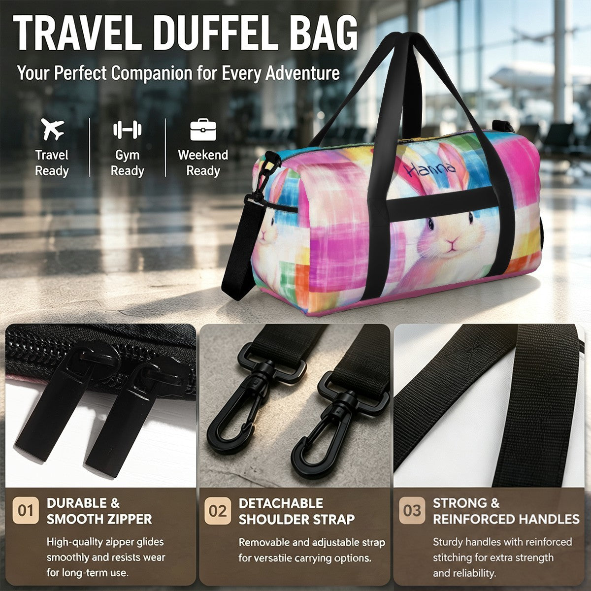 Colorful rabbit print travel duffel bag with black reinforced handles and straps
