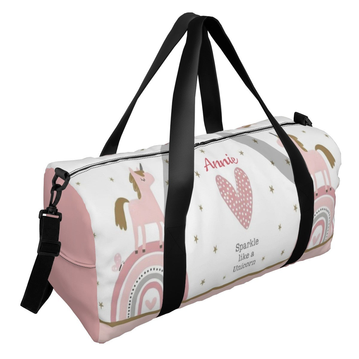 White and pink unicorn duffel bag with black handles and shoulder strap