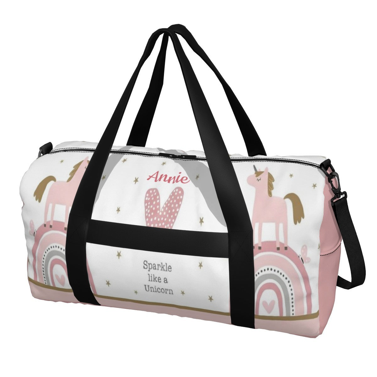 White and pink unicorn duffel bag with black zip top and side strap