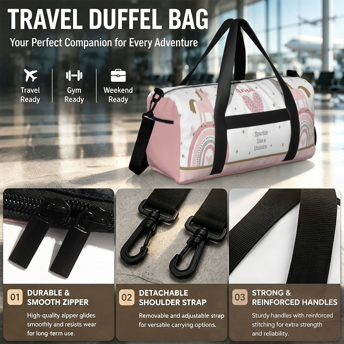 Unicorn travel duffel bag with black straps, zipper, and reinforced handles