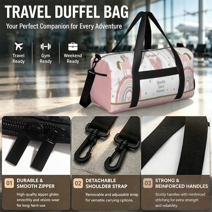 Unicorn travel duffel bag with black straps, zipper, and reinforced handles