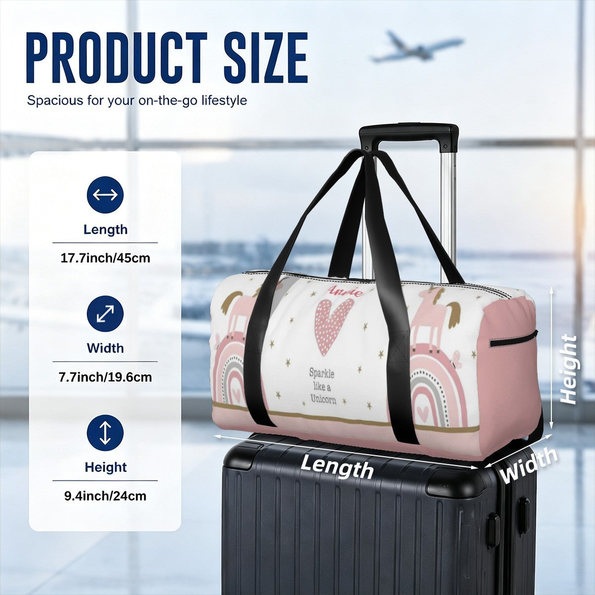 Unicorn duffel bag on suitcase top with black handles for carrying