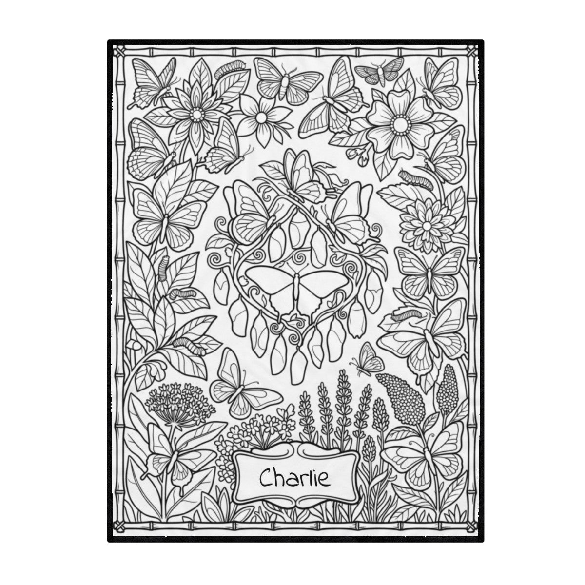 Personalized butterfly doodle coloring blanket with a blank name label