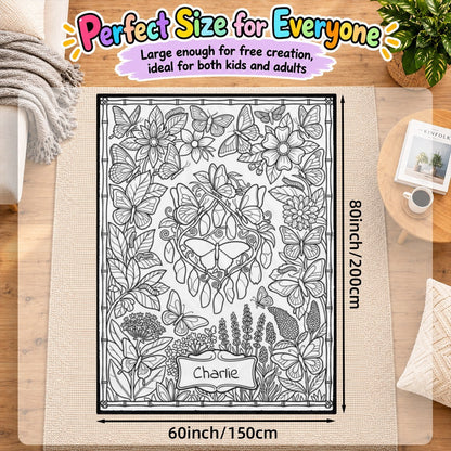 Butterfly coloring blanket with doodle outline border and name 'Charlie' in center