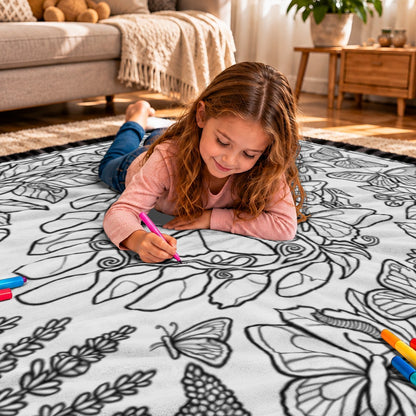 Kids coloring a butterfly-themed doodle blanket with fabric markers