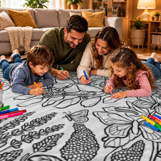 Family drawing on a butterfly doodle coloring blanket with colorful markers