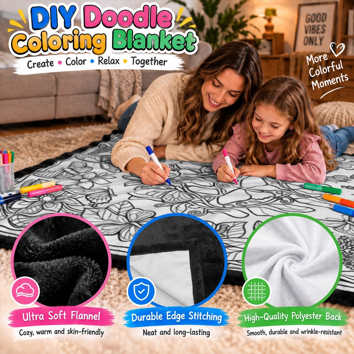 Family decorating a butterfly doodle blanket, with fabric markers on top