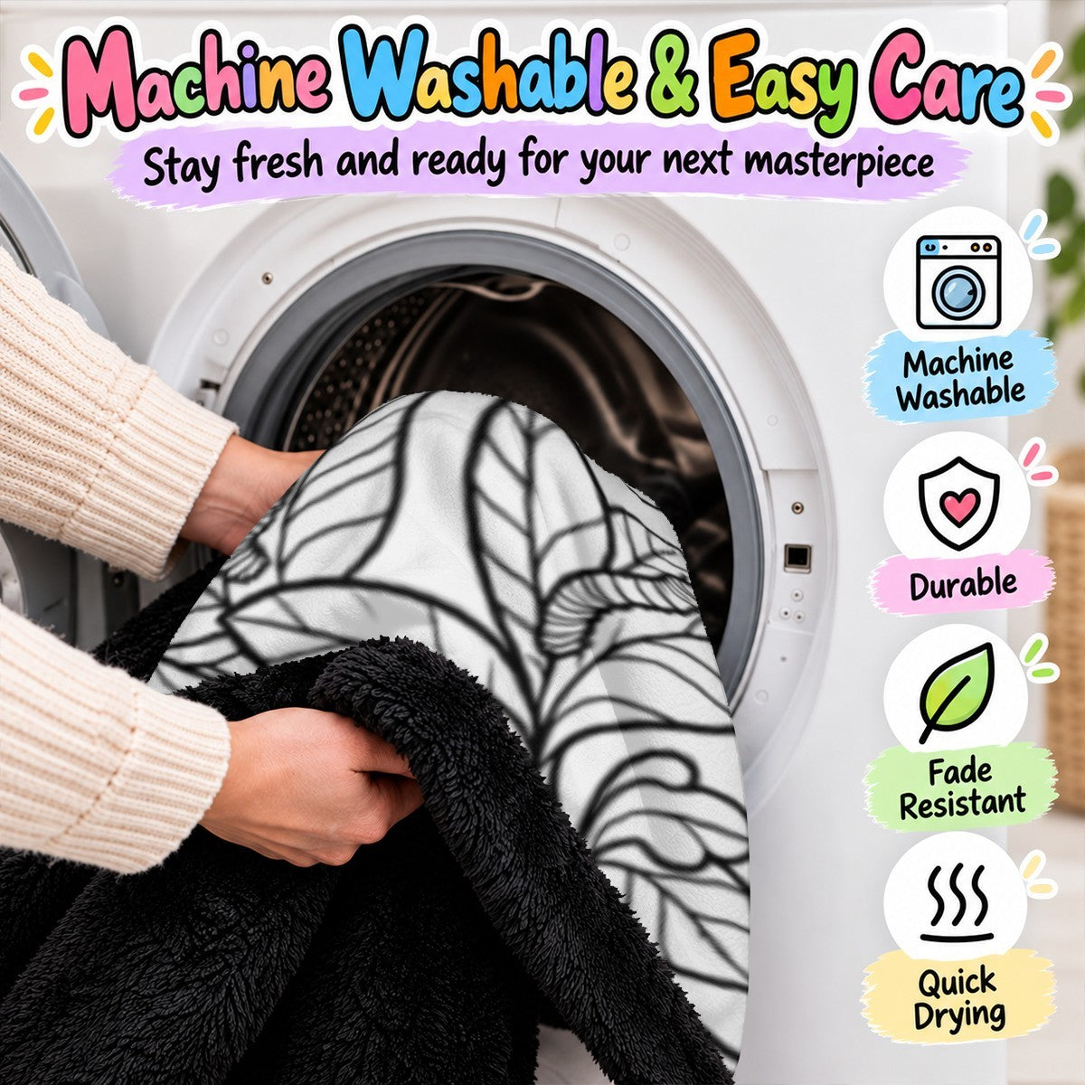 Washed butterfly doodle blanket going through a washing machine