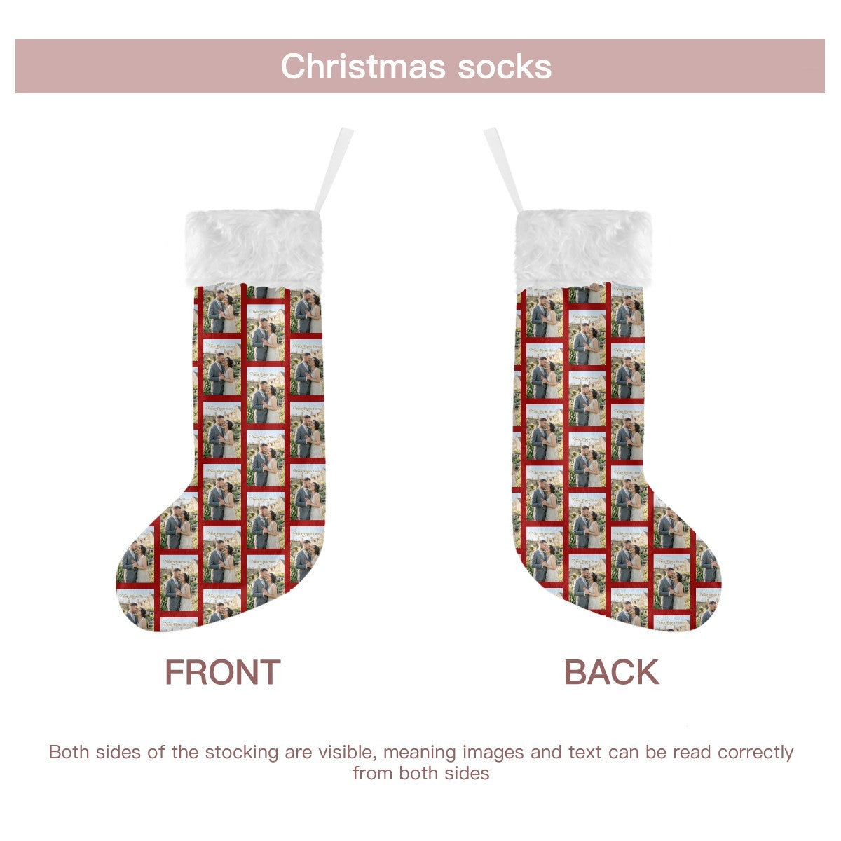 Photo-print Christmas stocking showing front and back, white fluffy cuff