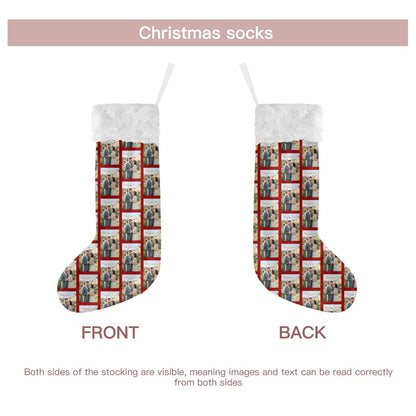 Photo-print Christmas stocking showing front and back, white fluffy cuff