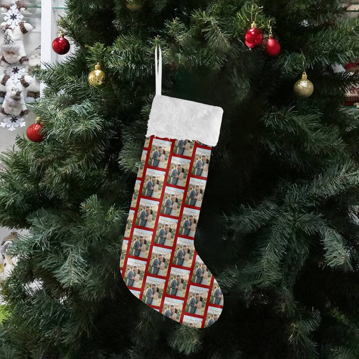Hanging Christmas stocking with photo-collage panel and white faux-fur top