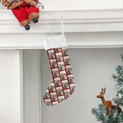 Christmas stocking hanging on mantel with photo-collage fabric and white faux-fur cuff