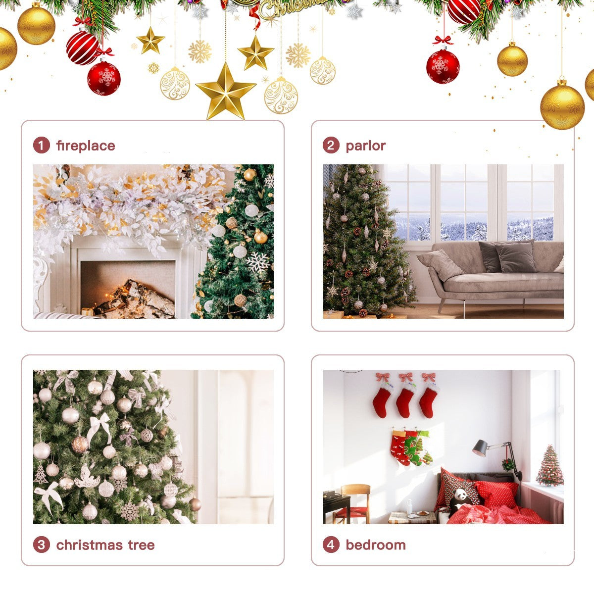 Christmas stocking photo-placement guide with four room preview panels