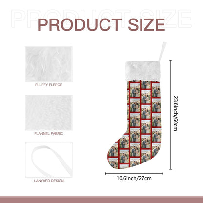 Stocking product-size diagram with photo-collage panel and white faux-fur cuff