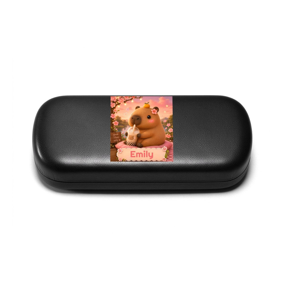 Black hard eyeglasses case with capybara photo insert on the front.