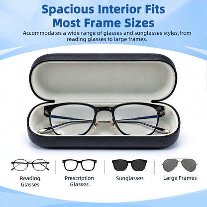 Open black eyeglasses case with light lining, showing glasses inside.