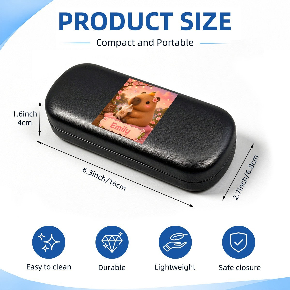Black hard eyeglasses case with capybara photo insert, with size graphic overlay.