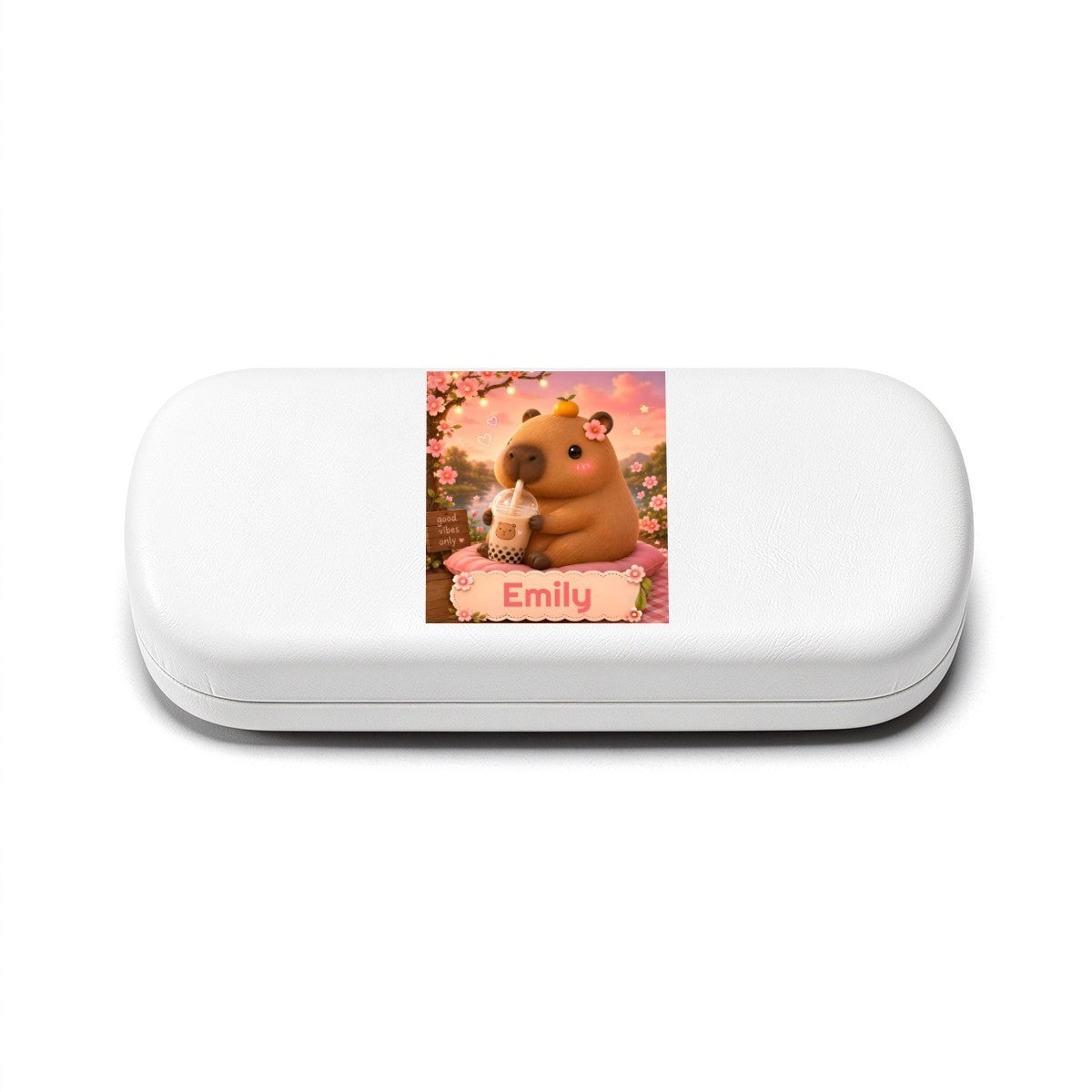 White hard eyeglasses case with capybara photo insert on the front.